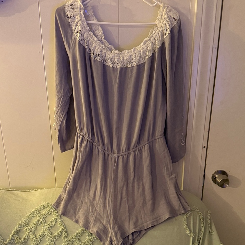 Kori Gray Romper with White Lace Trim and embroidered sleeves